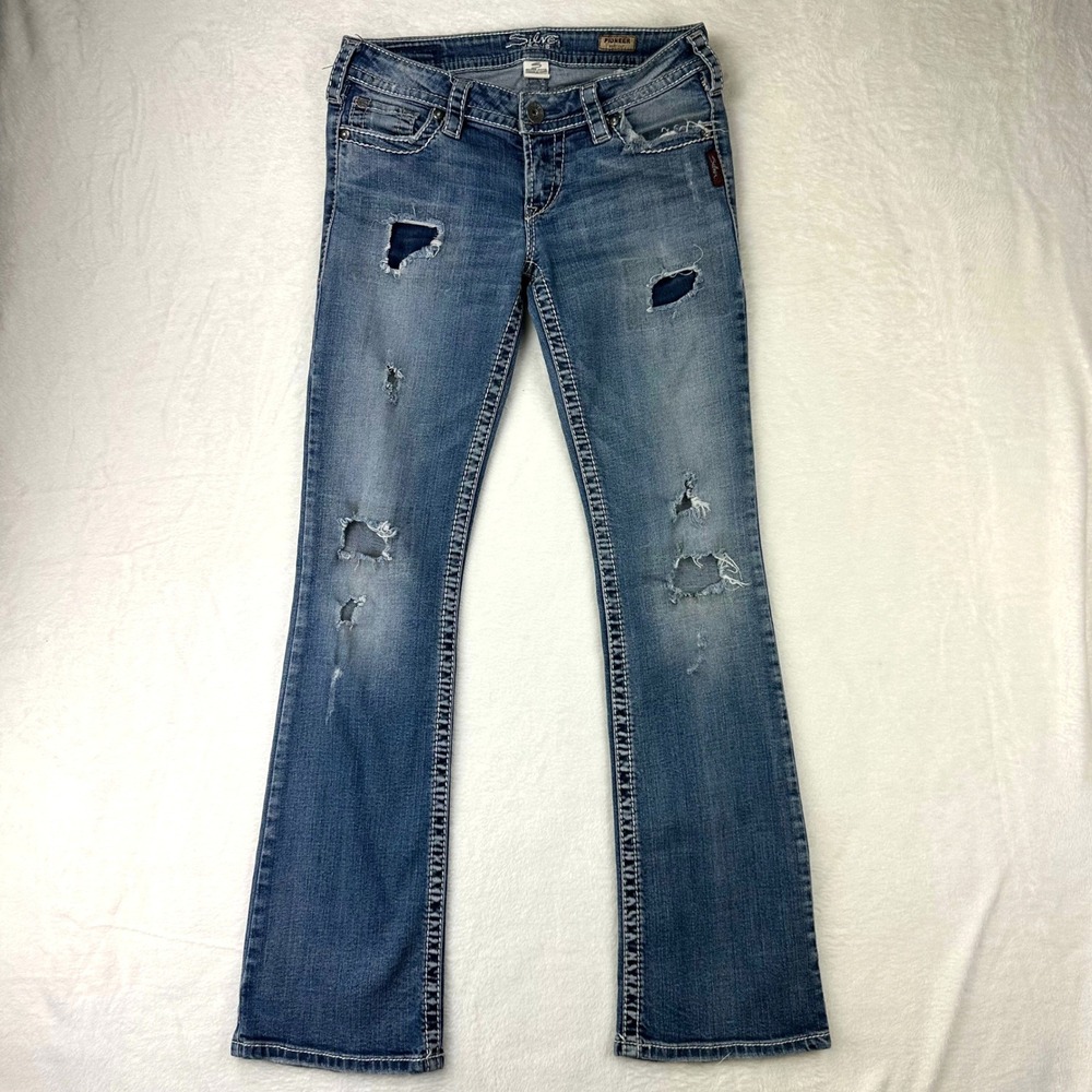 Silver Jeans Pioneer Womens W27/33 Slim Bootcut Blue Distressed Denim Cotton